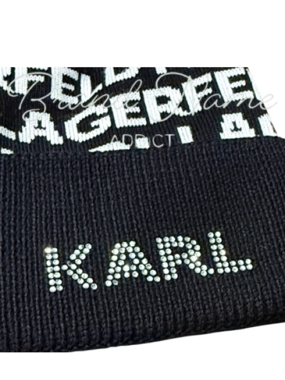 Karl Lagerfeld Black Knit Beanie & Gloves with Crystal 'KARL' Accent NEW